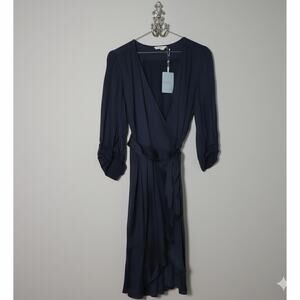Soaked Studio NWT · XL · Eline Wrap Dress · Viscose Blend · Navy · Puff Sleeve